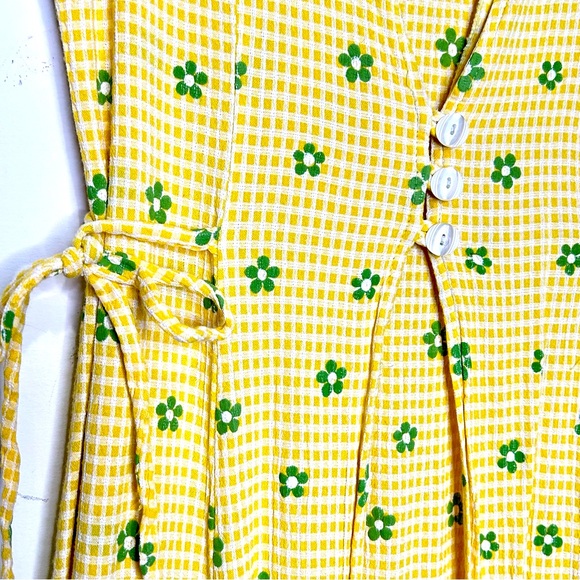 Vintage 90s Flower Power Gingham Maxi Dress Layers Gathers Ties Yellow Stretch S - Picture 2 of 7